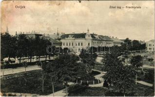 1919 Eszék, Essegg, Osijek; Zitni trg / Fruchtplatz / tér. Amalie Eckel Nr. 18. 1916. / square (ázott / wet damage)