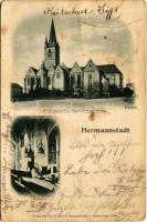 1899 (Vorläufer) Nagyszeben, Hermannstadt, Sibiu; Evangélikus templom belső, szószék. Carl F. Jickeli / Pfarrkirche, Kanzel / Lutheran church interior, pulpit (szakadás / tears)