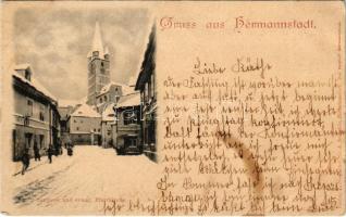 1901 Nagyszeben, Hermannstadt, Sibiu; Saggasse und evang. Pfarrkirche. G.A. Seraphin, Jos. Drotleff / utca és templom télen / street and church in winter (fl)