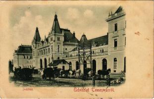 1899 (Vorläufer) Temesvár, Timisoara; indóház, vasútállomás, lovas hintók / railway station, horse chariots (EK)