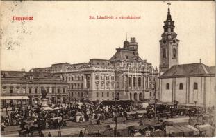 1908 Nagyvárad, Oradea; Szent László tér, városháza, piac, Takarékpénztár, Weisz Mór üzlete. Helyfi László kiadása / market, town hall, church, savings bank, shop