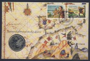 Portugália 1989. 100Esc "Az Azori-szigetek felfedezése" érmés borítékon két db azori-szigeteki bélyeggel, alkalmi bélyegzővel, hátoldali ismertetővel T:BU