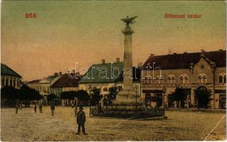 1915 Dés, Dej; Milleniumi szobor, gyógyszertár, Polgári Bank részvénytársaság, üzletek / monument, shops, pharmacy, bank (Rb)