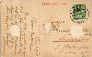 1915 Dés, Dej; Milleniumi szobor, gyógyszertár, Polgári Bank részvénytársaság, üzletek / monument, s...