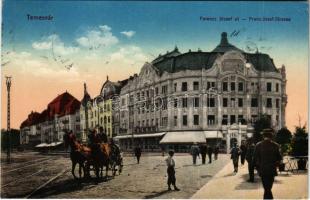 1915 Temesvár, Timisoara; Ferenc József út, lovaskocsi, villamossín / street, horse chariot, tramway tracks