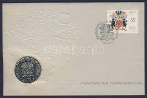 Azori-szigetek 1986. 100Esc "Függetlenség" bélyeges érmés borítékon, alkalmi bélyegzővel, hátoldali ismertetővel T:BU