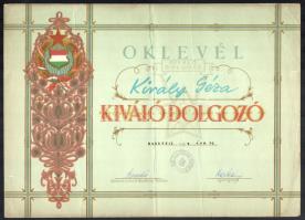 cca 1950-70 össz. 7 db díszes szocialista oklevél ugyanazon névre kiállítva, többségében sérült és f...