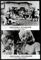 cca 1972 ,,Folytassa külföldön" című angol filmbohózat jelenetei és szereplői, 9 db vintage produkciós filmfotó, ezüst zselatinos fotópapíron, a használatból eredő (esetleges) kisebb hibákkal, 18x24 cm