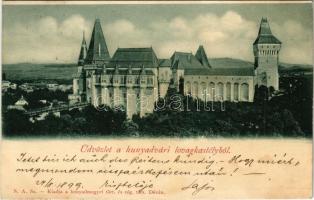 1899 (Vorläufer) Vajdahunyad, Hunedoara; Üdvözlet a hunyadvári lovagkastélyból. Vajda-Hunyad vára. Kiadja a hunyadmegyei tört. és rég. társ. Déván / castle (vágott / cut)