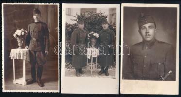 cca 1941-44 3 db II. világháborús magyar katona portré, vintage fotólap, egyik kissé sérült, 14x9 cm