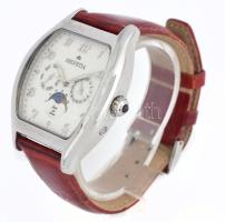 Helvetia kvarc karóra, holdfázisos, eredeti dobozában. Működő, jó állapotban. 40x43 mm, Bőr szíjjal