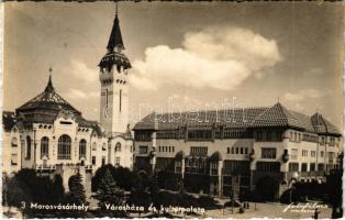 1942 Marosvásárhely, Targu Mures; Városház, Kultúrpalota, étterem / town hall, cultural palace, restaurant + MAROSVÁSÁRHELY-SEPSISZENTGYÖRGY 350 vasúti mozgóposta