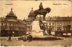 1916 Kolozsvár, Cluj; Mátyás király szobor, Erdélyi Bank, Gresham, Generali triesti általános biztosító társaság, Ifj. Graf Lőrinc üzlete. Keszey Albert kiadása / statue, bank, insurance company, shop (EB)