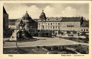 1930 Kolozsvár, Cluj; Egyesülési tér, takarékpénztár / Piata Unirii / square, shops, savings bank (ragasztónyom / gluemark)