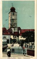 1936 Nagyszeben, Hermannstadt, Sibiu; Tanácsostorony, Eduard Elias üzlete / town hall, shop / Turnul Consiliului. Jos. Drotleff Nr. 533. (vágott / cut)