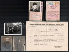 cca 1930-50 Posta kezelő altiszti hagyaték, 4 db okmány és 3 db fotó egyenruhában, részben sérült