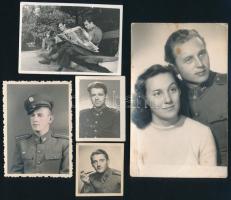 cca 1950-60 5 db katona portré, vintage fotó és fotólap, részben kissé foltos és kissé sérült, 5x4 és 13,5x8,5 cm közötti méretekben