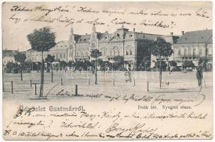 1905 Szatmárnémeti, Szatmár, Satu Mare; Deák tér nyugati része, üzletek, piac. Hollósi felvétele / square, shops, market (ázott / wet damage)