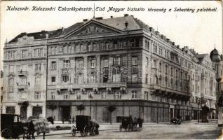 1917 Kolozsvár, Cluj; Takarékpénztár, Első magyar biztosító társaság, Sebestyén palota. Kuhn Albert kiadása / savings bank, insurance company, palace + Armee im Felde Festungsfeldbahn Kompagnie Nr (EM)