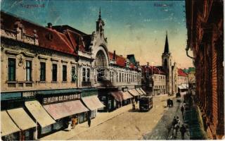 1916 Nagyvárad, Oradea; Rákóczi út, villamos, Barabás B. és Társa, Klein Géza és Ödön üzlete. Vasúti levelezőlapárusítás 31. sz. 1916. / street view, tram, shops (Rb)