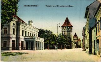 1914 Nagyszeben, Hermannstadt, Sibiu; Theater, Befestigungstürme / színház, torony. Verlag d. Buchh. G. A. Seraphin. Chromophot v. Jos. Drotleff / theatre, bastion tower (kopott sarkak / worn corners)