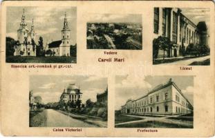 Nagykároly, Carei; Biserica ort.-romana si gr.-cat., Vedere, Liceul, Calea Victoriei, Prefectura / Román ortodox templom, látkép, gimnázium, utca, városháza / Orthodox church, general view, grammar school, street view, town hall (fl)