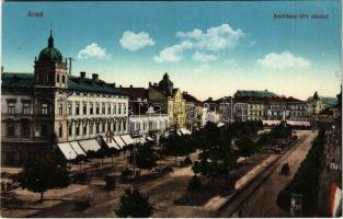 Arad, Andrássy tér, magyar zászlók, üzletek. Kerpel Izsó kiadása / square, shops, Hungarian flag