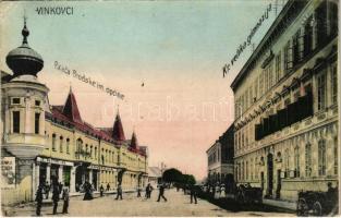 1914 Vinkovce, Vinkovci; Előljáróság, gimnázium, J. Reich gyógyszertára. Vasúti levelezőlapárusítás 6645. / grammar school, pharmacy, palace (EB)