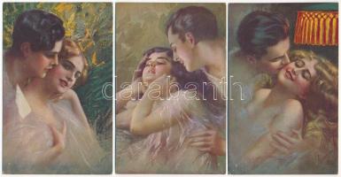 3 db RÉGI olasz művész képeslap szignóval: szerelmes párok / 3 pre-1945 Italian art postcards signed: love couples, Selectio Serie