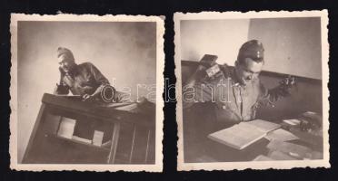 1944, Sopron, 2 db humoros katonai életkép a II. világháború idejéből, hátoldalán feliratozott és datált vintage fotó, 6x6 cm.