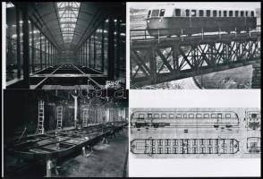 cca 1933 Az Árpád sínautóbusz építése a Ganz gyárban, 5 db modern nagyítás, a képek között egy tervr...