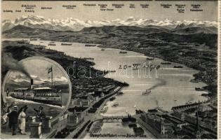 Dampfschiffahrt auf dem Zürichsee. Stündlich Rundfahrten vide Fahrpläne, SS Helvetia / Gőzhajózás a Zürichi tavon. Az óránkénti oda-vissza utak menetrend szerint járnak, térkép, gőzhajó / Steamboat trip on Lake Zurich. Hourly round trips, map, steamship