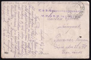 1917 I világháborús tábori posta K.u.k. Gruppenkommando M.F. in B.H. in Lastva bélyegzőjével, Trebinjéből Temesvárra küldve.