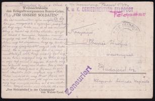 1917 I világháborús tábori posta K.u.k. Geniedirektion Feldpost és Zensuriert bélyegzőjével, a budapesti koronázási ünnepségekről érkezett hírek kommentálásával.