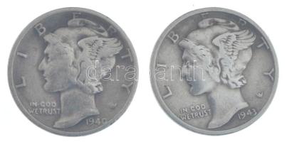 Amerikai Egyesült Államok 1940-1943. 10c Ag "Mercury" (2xklf) T:XF,VF patina
USA 1940-194...