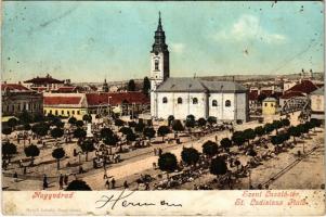 1905 Nagyvárad, Oradea; Szent László tér, templom, piac. Helyfi László kiadása / market, church, square (kis szakadésok / small tears)