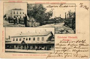 1903 Tövis, Teius; Oroszlán szálloda, Gyulafehérvári főút a gyógypataki fahíddal, indóház, vasútállomás, Erdély első csatlakozó-állomása. Szabolcs Endre kiadása / hotel, the main road to Alba Iulia, wooden bridge, railway station (the first connecting station in Transylvania) + &quot;SZÁSZRÉGEN - SZÉKELYKOCSÁRD 129&quot; vasúti mozgóposta bélyegző