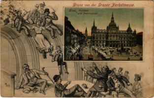 1907 Graz, Gruss von der Grazer Herbstmesse, Rathaus, Herrengasse. Offizielle Festkarte 8. Jos. A. Kienreich / town hall, street. Art Nouveau s: A. Sch. (Rb)