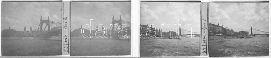 1934 Hajóút a Dunán Budapesten, Erzsébet híd, rakpart, épületek, 2 db sztereo üvegpozitív, 6x13 cm