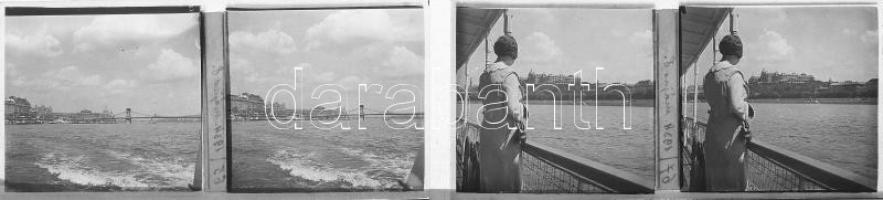 1934 Hajóút a Dunán Budapesten, Lánchíd, vár, rakpart, 2 db sztereo üvegpozitív, 6x13 cm