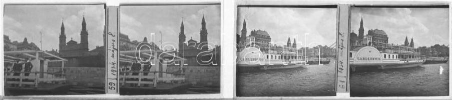 1934 Hajóút a Dunán Budapesten, Carl Ludwig lapátkerekes gőzhajó, matrózok, templomok, rakpart, 2 db sztereo üvegpozitív, 6x13 cm