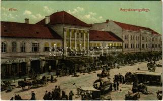 1909 Sepsiszentgyörgy, Sfantu Gheorghe; Fő tér, piac, Bikfalvi, Berkovics Herman üzlete, Városháza, Városi kávéház, Városi nagy szálloda / main square, market, shops, town hall, cafe, hotel