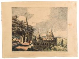 Bajor Ágost (1892-1958): Halászbástya. Színezett rézkarc, papír, jelzett, foltos, lap széle vágott, ...