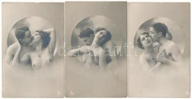 Erotikus meztelen szerelmes pár, csók - 3 db régi képeslap sorozatból / Erotic nude couple in love, kissing - 3 pre-1945 postcards from a series