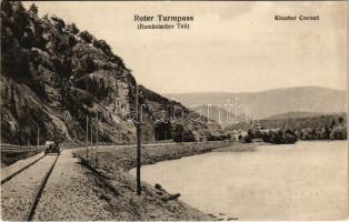 Vöröstoronyi-szoros, Roter Turmpass, Roter-Turm-Pass, Pasul Turnu Rosu; Rumänischer Teil, Kloster Cornet / Román oldal, vasútvonal, hajtány, kolostor / Romanian side with railway line, handcar, monastery (EK)