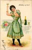 1902 Boldog új évet! Pezsgőző hölgy / New Year greeting, lady with champagne. litho (EK)
