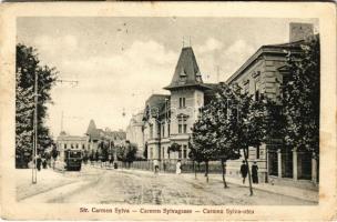 1924 Nagyszeben, Hermannstadt, Sibiu; Carmen Sylvagasse / Str. Carmen Sylva / Carmen Sylva utca, villamos / street view, tram (lyuk / pinhole)