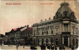 1908 Szatmárnémeti, Szatmár, Satu Mare; Deák tér, Paskuj Imre üzlete, Hazai Iparcsarnok, Szatmári Gőzmalom Társulat raktára, Első Magyar Általános Biztosító Társaság főügynöksége. Löwy M. kiadása / square, shops, warehouse, insurance company (b)