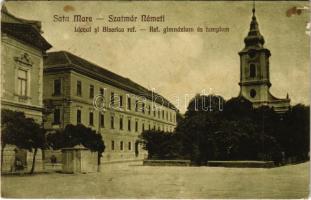 1924 Szatmárnémeti, Szatmár, Satu Mare; Liceul si Biserica ref. / Református gimnázium és templom. Aladár Huszár kiadása / Calvinist church and grammar school (kopott sarkak / worn corners)