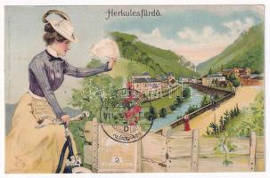 1911 Herkulesfürdő, Baile Herculane; Kerékpáros hölgy. R. Krizsány kiadása, szecessziós litho / spa, lady on bicycle. Art Nouveau, floral, litho s: M. S.-M.